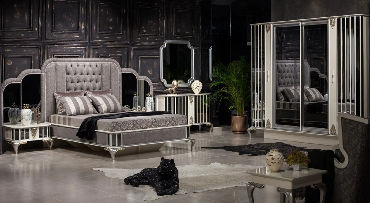 Luxus Barock Schlafzimmerschrank Weiß / Grau / Silber - Verspiegelter Massivholz Kleiderschrank im Barockstil - Barock Schlafzimmer Möbel - Edel & Prunvoll