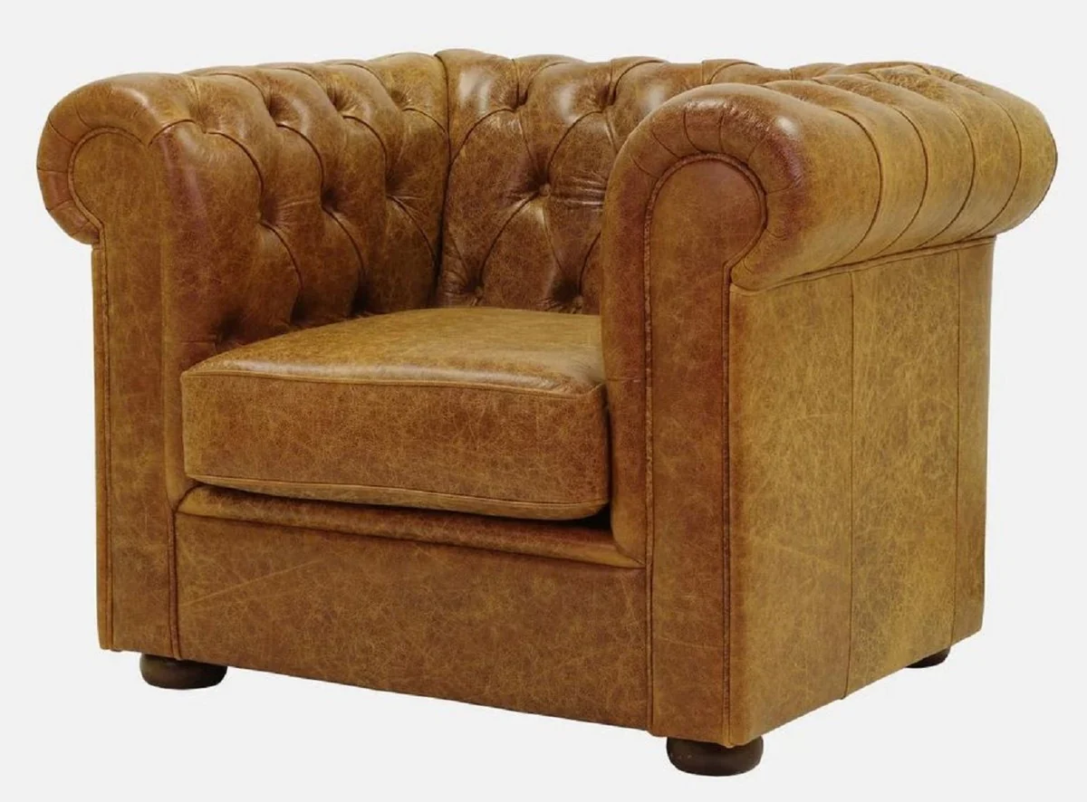 Luxus Chesterfield Leder Sessel Vintage Braun / Dunkelbraun 105 x 95 x H. 80 cm - Chesterfield Echtleder Wohnzimmer Sessel - Chesterfield Möbel - Echtleder Möbel - Luxus Möbel