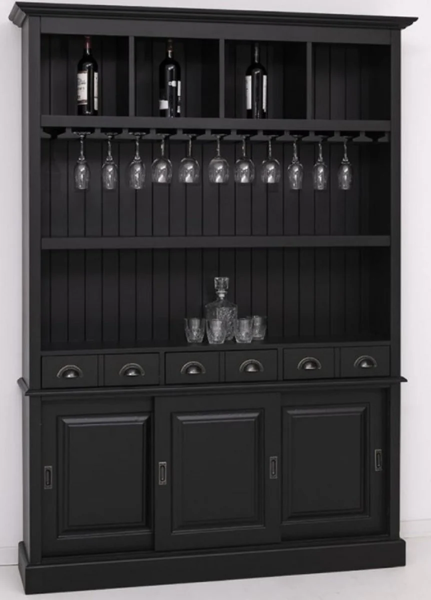 Landhausstil Massivholz Barschrank Schwarz 151 x 36 x H. 210 cm - Massivholz Weinschrank im Landhausstil - Massivholz Bar Möbel - Landhausstil Bar Möbel