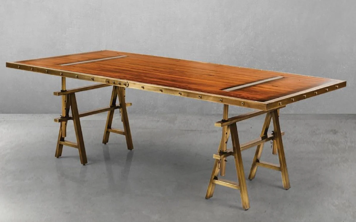 Luxus Vintage Industrie Stil Esstisch Braun / Messing 226,5 x 111 x H. 75,5 cm - Rechteckiger Esszimmertisch mit Massivholz Tischplatte - Luxus Vintage Industrie Stil Esszimmer Möbel