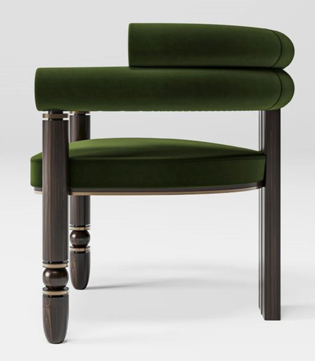 Luxus Samt Esszimmer Stuhl mit Armlehnen Grün / Dunkelbraun / Messing 69 x 63 x H. 72 cm - Küchen Stuhl mit edlem Samtstoff - Esszimmer Möbel - Luxus Möbel