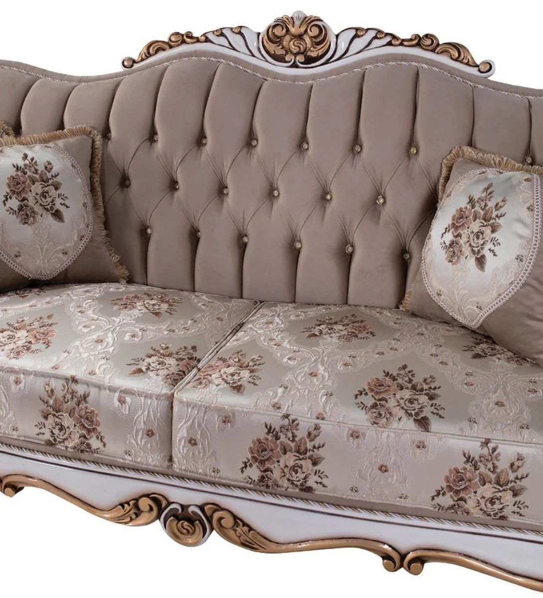 Luxus Barock Sofa mit Kissen Grau / Mehrfarbig / Weiß / Bronze 232 x 87 x H. 101 cm - Wohnzimmer Couch mit Blumenmuster und wunderschönen Verzierungen