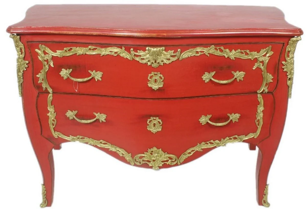 Barock Kommode Antik Rot / Gold 130 x 65 x H. 90 cm - Handgefertigte Massivholz Antik Stil Kommode mit 2 Schubladen - Barock Möbel