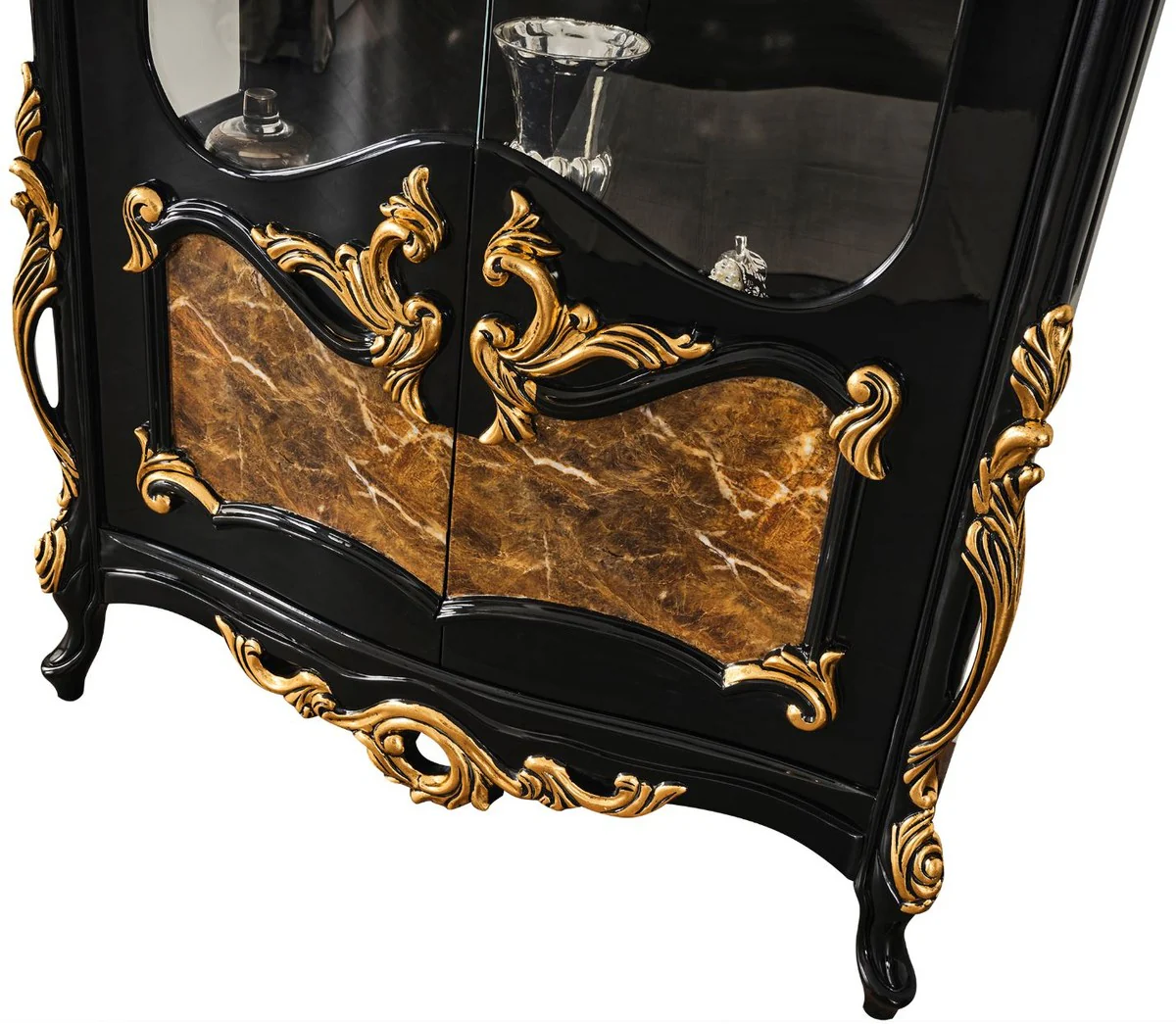 Luxus Barock Vitrine Schwarz / Braun / Gold 156 x 50 x H. 220 cm - Prunkvoller Massivholz Vitrinenschrank mit 2 Glastüren - Barock Möbel