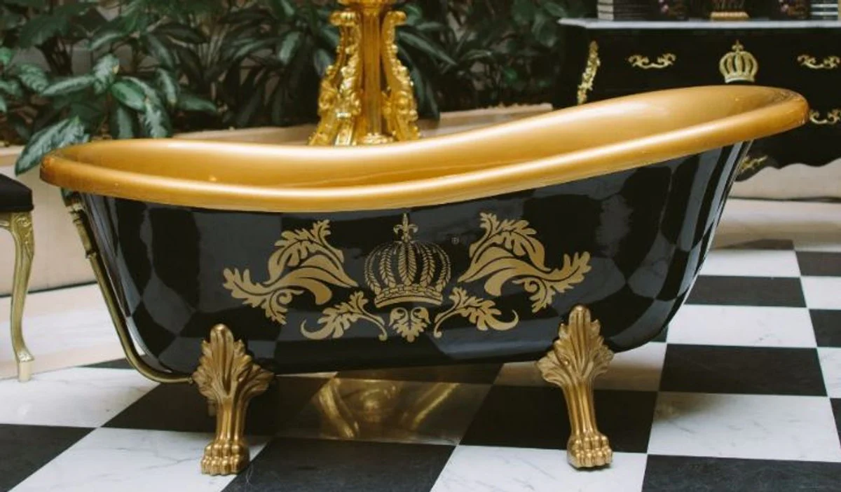 Pompöös by Luxus Badewanne Deluxe freistehend von Harald Glööckler Schwarz / Gold / Schwarz 1560mm mit goldfarbenen Löwenfüssen