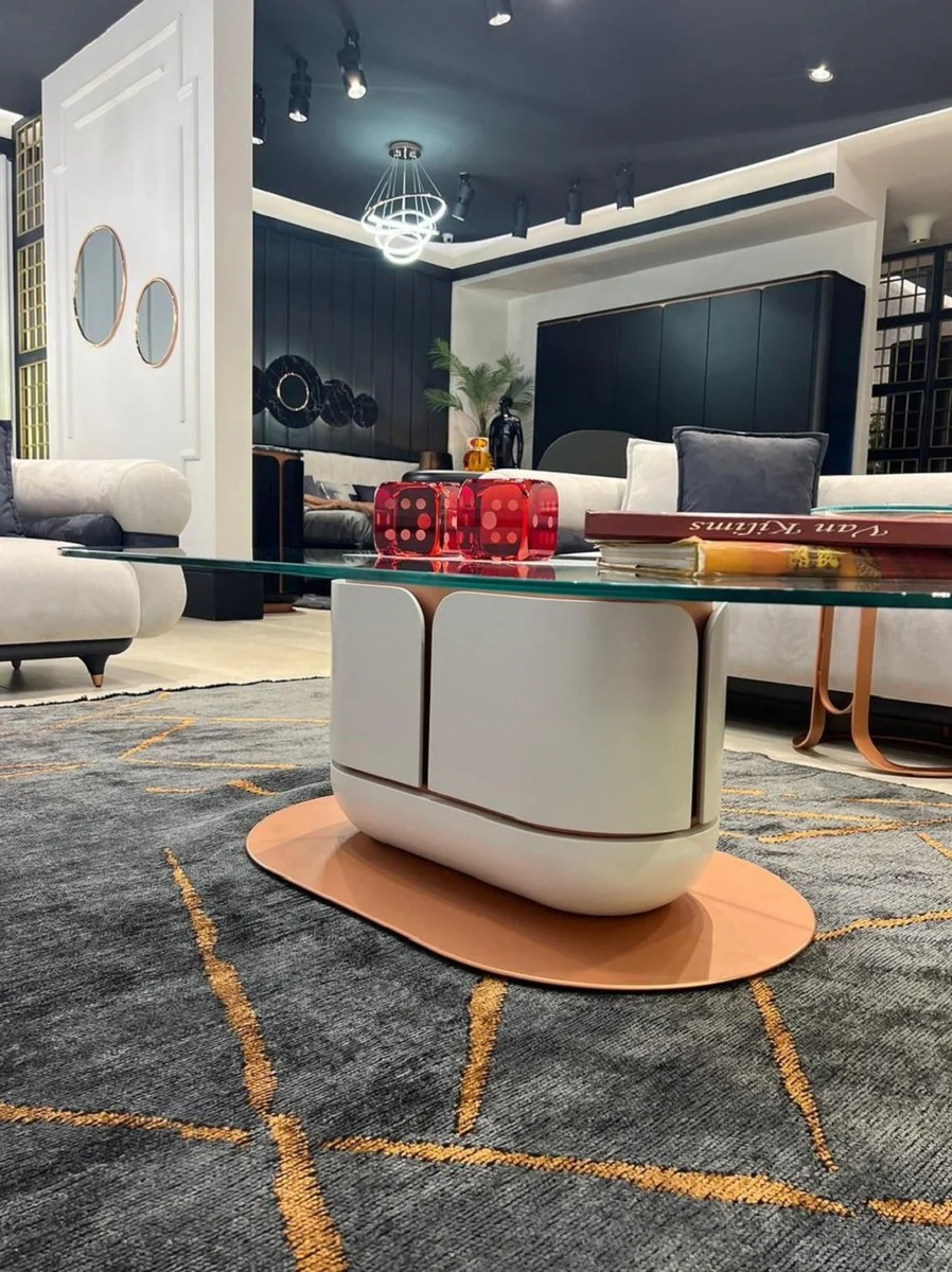 Luxus Couchtisch Weiß / Kupfer 150 x 80 x H. 40 cm - Wohnzimmertisch mit Glasplatte - Wohnzimmer Möbel - Hotel Möbel - Luxus Möbel - Luxus Einrichtung