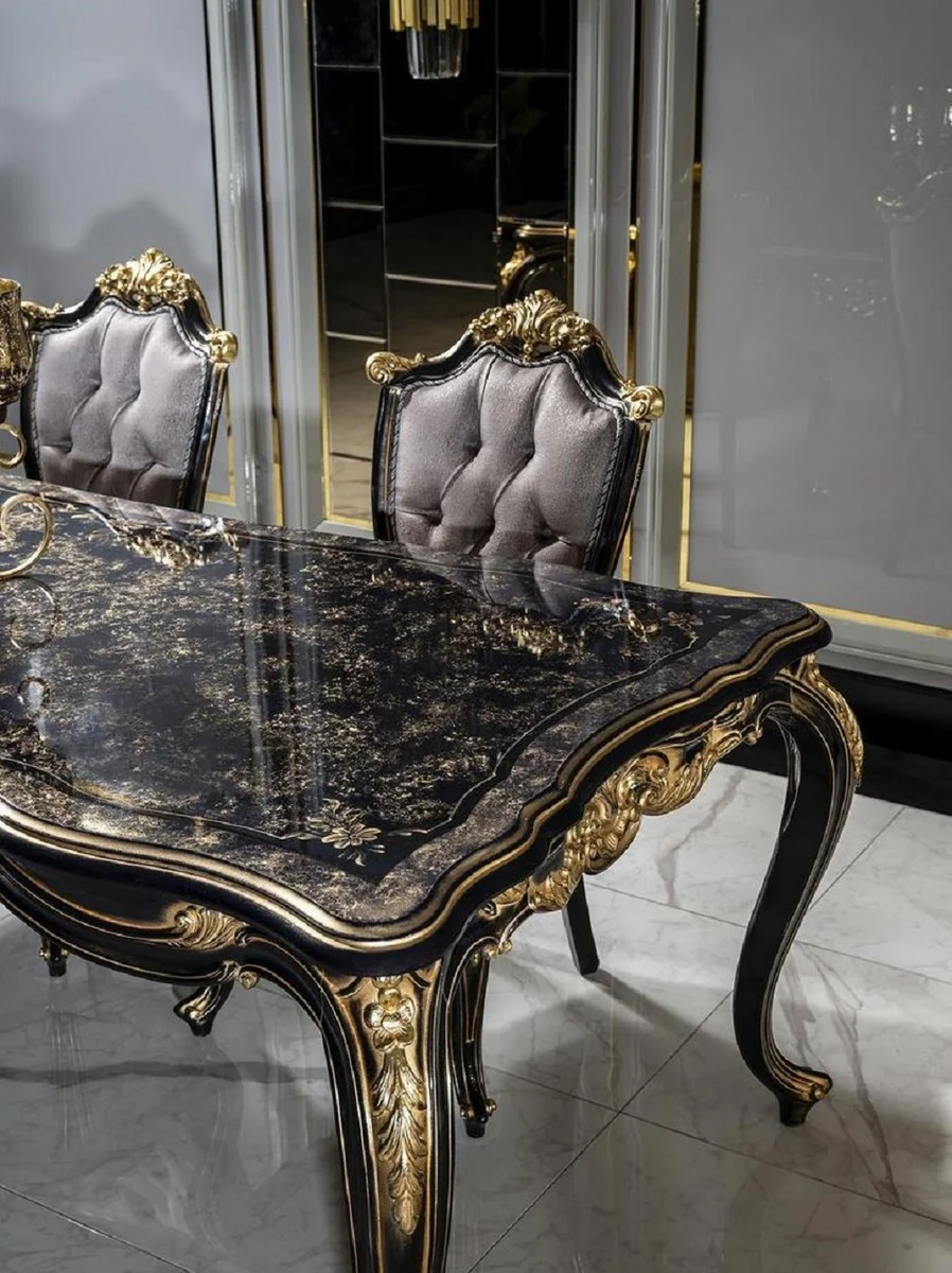 Luxus Barock Esstisch Schwarz / Gold - Edler Massivholz Esszimmertisch - Barock Esszimmer Möbel - Edel & Prunkvoll Interior