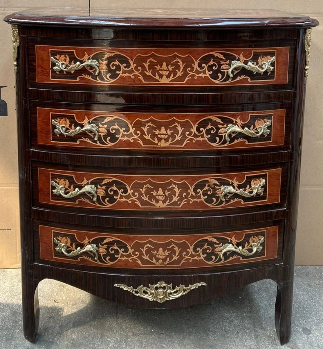 Barock Kommode Dunkelbraun / Braun Intarsien / Gold - Barockstil Kommode mit 4 Schubladen - Barock Möbel - Prunkvolle Möbel im Barockstil - Edel & Prunkvoll