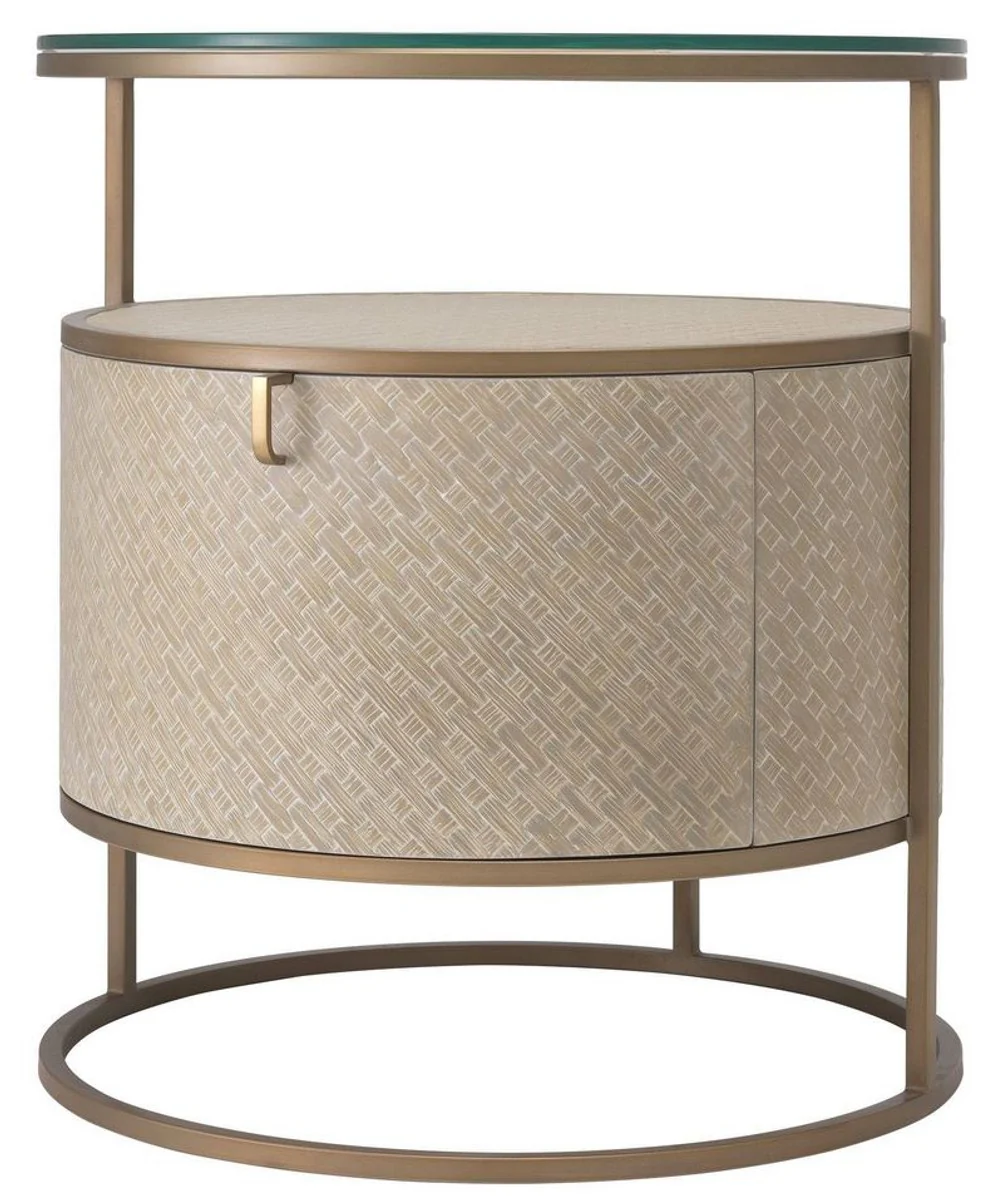 Luxus Nachttisch Beige / Messingfarben Ø 50 x H. 56 cm - Runder Beistelltisch mit Schublade und Glasplatte - Luxus Schlafzimmermöbel