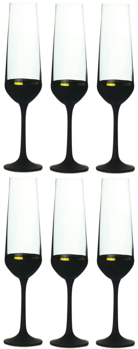 Luxus Champagnerglas 6er Set Schwarz / Gold Ø 6,5 x H. 26,5 cm - Handgefertigte und handbemalte Champagnergläser - Hotel & Restaurant Accessoires - Luxus Qualität