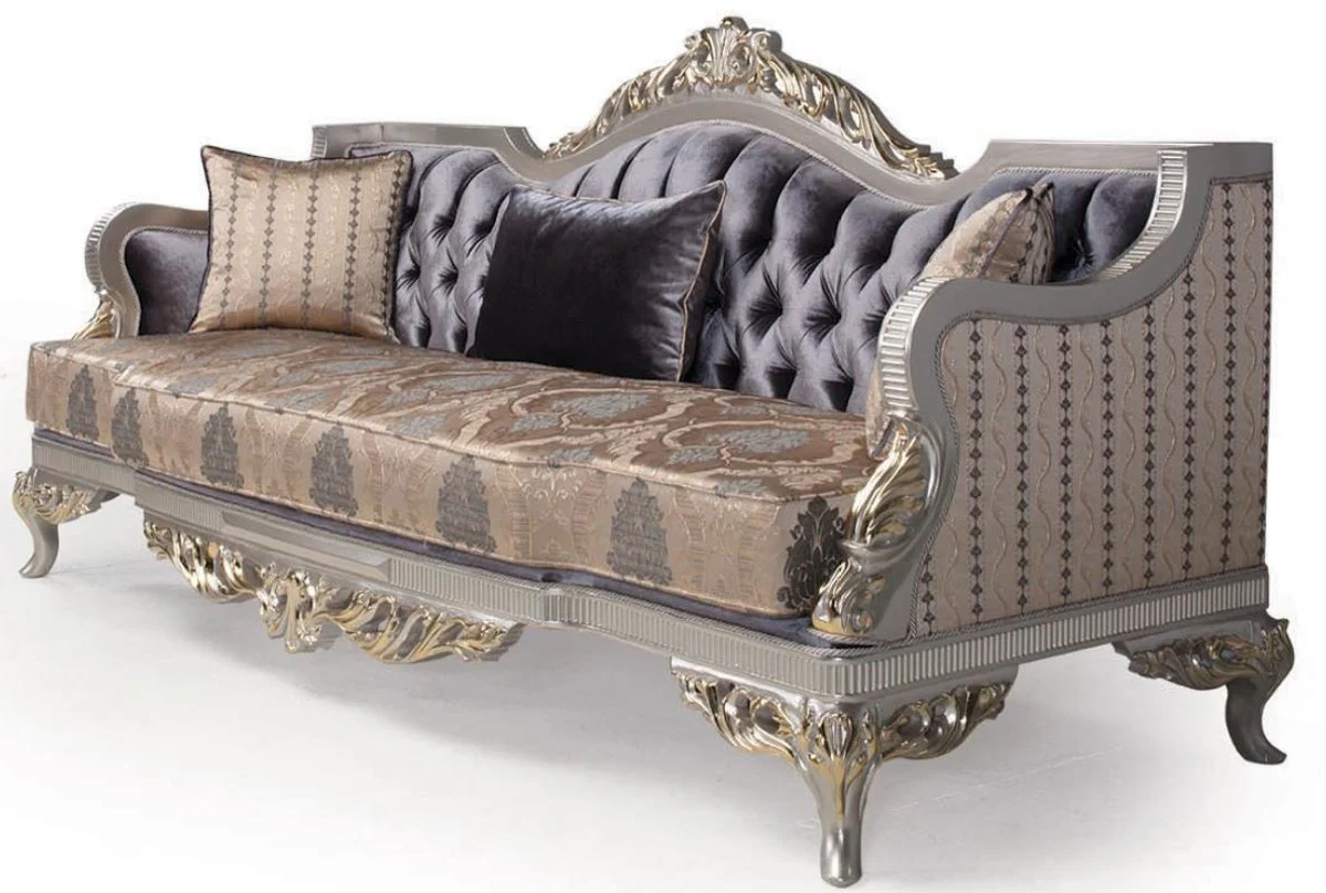 Luxus Barock Wohnzimmer Set Lila / Beige / Silber / Gold - 2 Sofas & 2 Sessel & 1 Couchtisch - Wohnzimmer Möbel im Barockstil - Edel & Prunkvoll