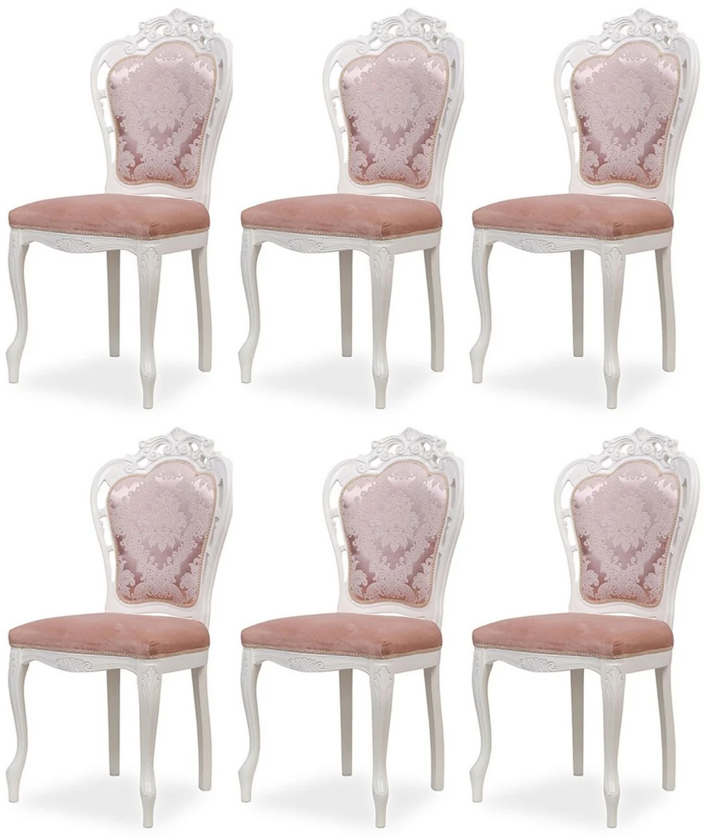 Luxus Barock Esszimmer Stuhl 6er Set mit elegantem Muster Rosa / Weiß - Barockstil Küchen Stühle - Prunkvolle Luxus Esszimmer Möbel im Barockstil - Edel & Prunkvoll