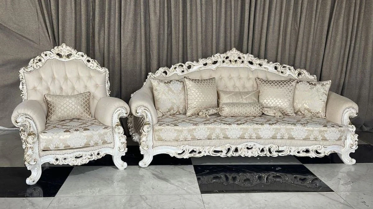 Luxus Barock Sofa Creme / Weiß / Gold - Prunkvolles Wohnzimmer Sofa - Barockstil Wohnzimmer Möbel - Luxus Möbel im Barockstil - Barock Einrichtung - Wohnzimmer Einrichtung