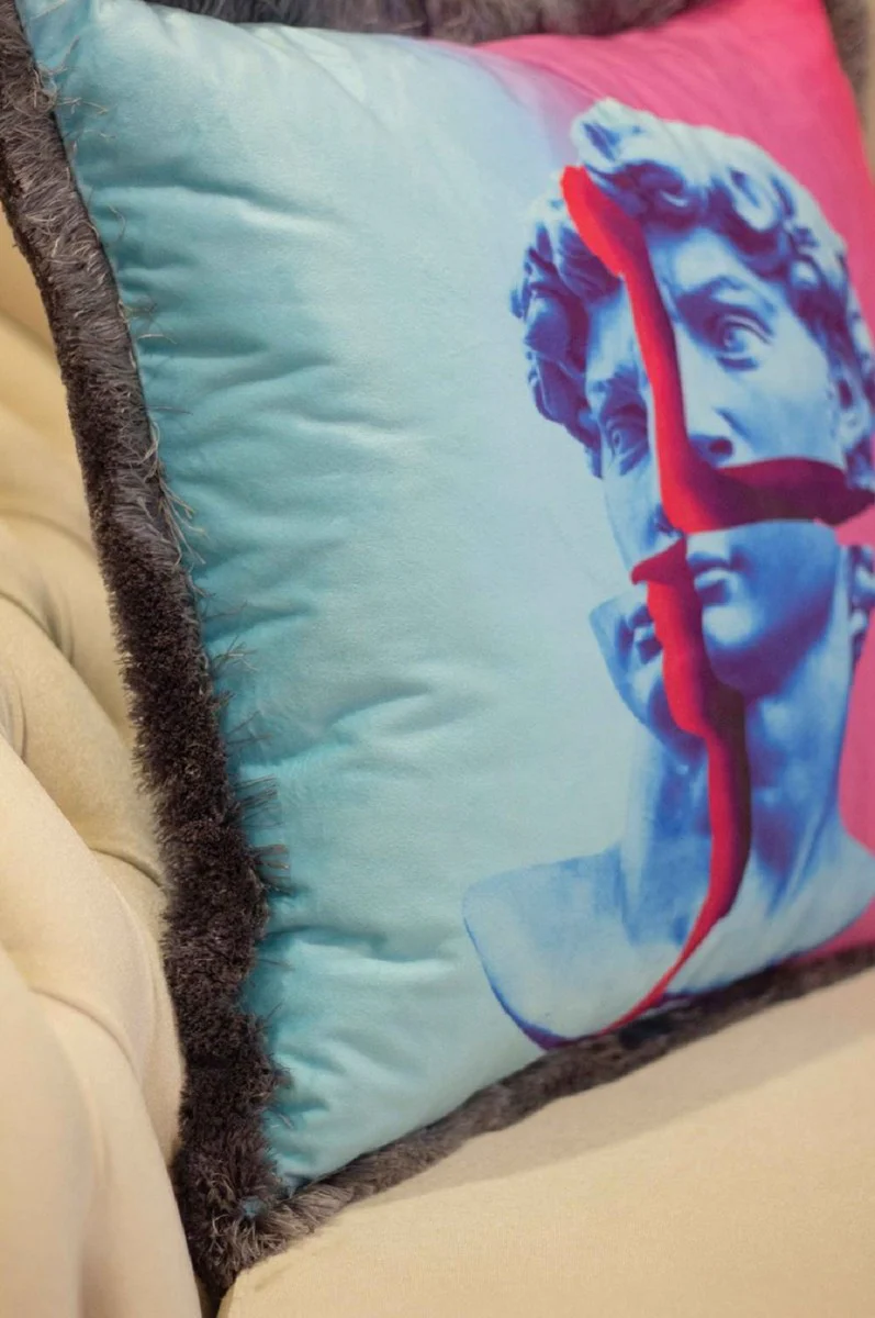 Luxus Deko Kissen Barock Büste Mehrfarbig / Grau 45 x 45 cm - Bedrucktes Samt Kissen mit Fransen - Luxus Deko Accessoires