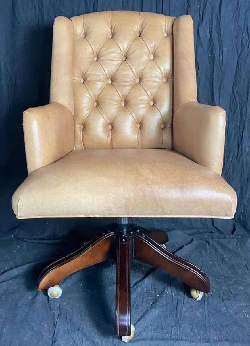 Luxus Chesterfield Leder Bürostuhl Vintage Creme / Braun 64 x 67 x H. 104-111 cm - Höhenverstellbarer Echtleder Schreibtischstuhl - Chesterfield Möbel - Echtleder Möbel - Luxus Möbel