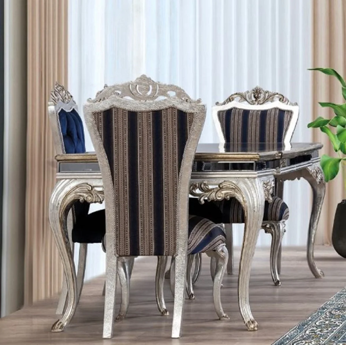 Luxus Barock Esstisch Schwarz / Gold / Silber - Edler Massivholz Esszimmertisch mit Spiegelglas - Barock Esszimmer Möbel - Edel & Prunkvoll