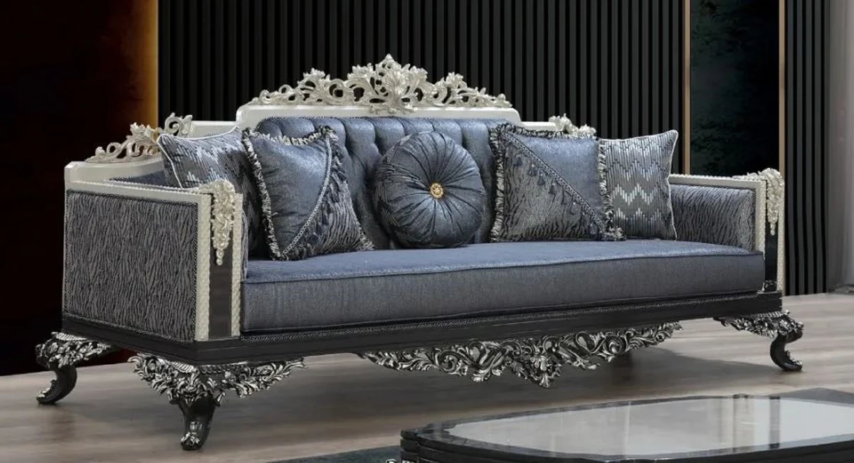 Luxus Barock Sofa Blau / Grau / Weiß / Schwarz / Silber - Prunkvolles Wohnzimmer Sofa mit elegantem Muster - Barock Wohnzimmer & Hotel Möbel - Edel & Prunkvoll