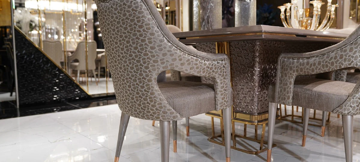 Luxus Esszimmer Set Weiß / Grau / Gold - 1 Luxus Esstisch & 6 Luxus Esszimmerstühle - Luxus Esszimmer Möbel