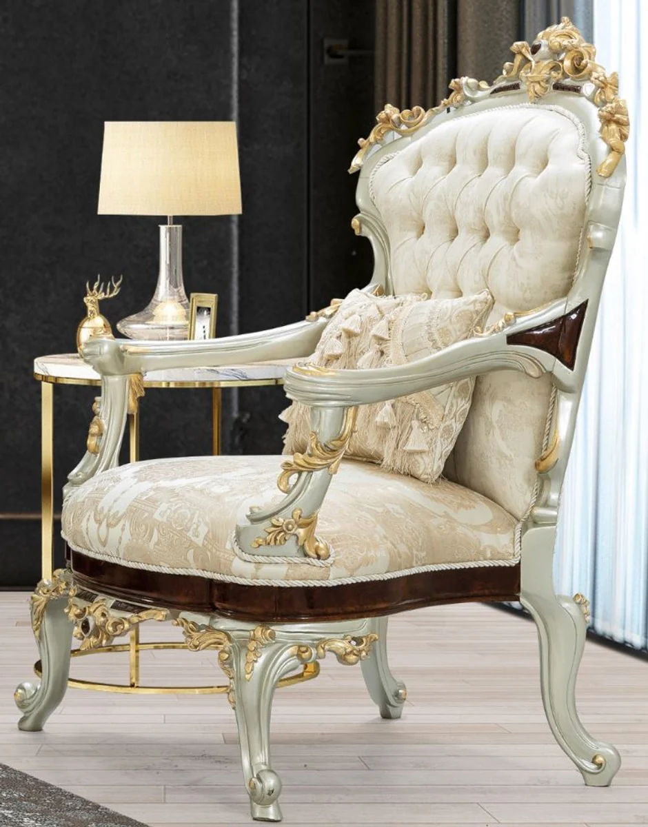 Luxus Barock Wohnzimmer Set Creme / Beige / Dunkelbraun / Silber / Gold - 2 Sofas & 2 Sessel & 1 Couchtisch - Wohnzimmermöbel im Barockstil - Edel & Prunkvoll