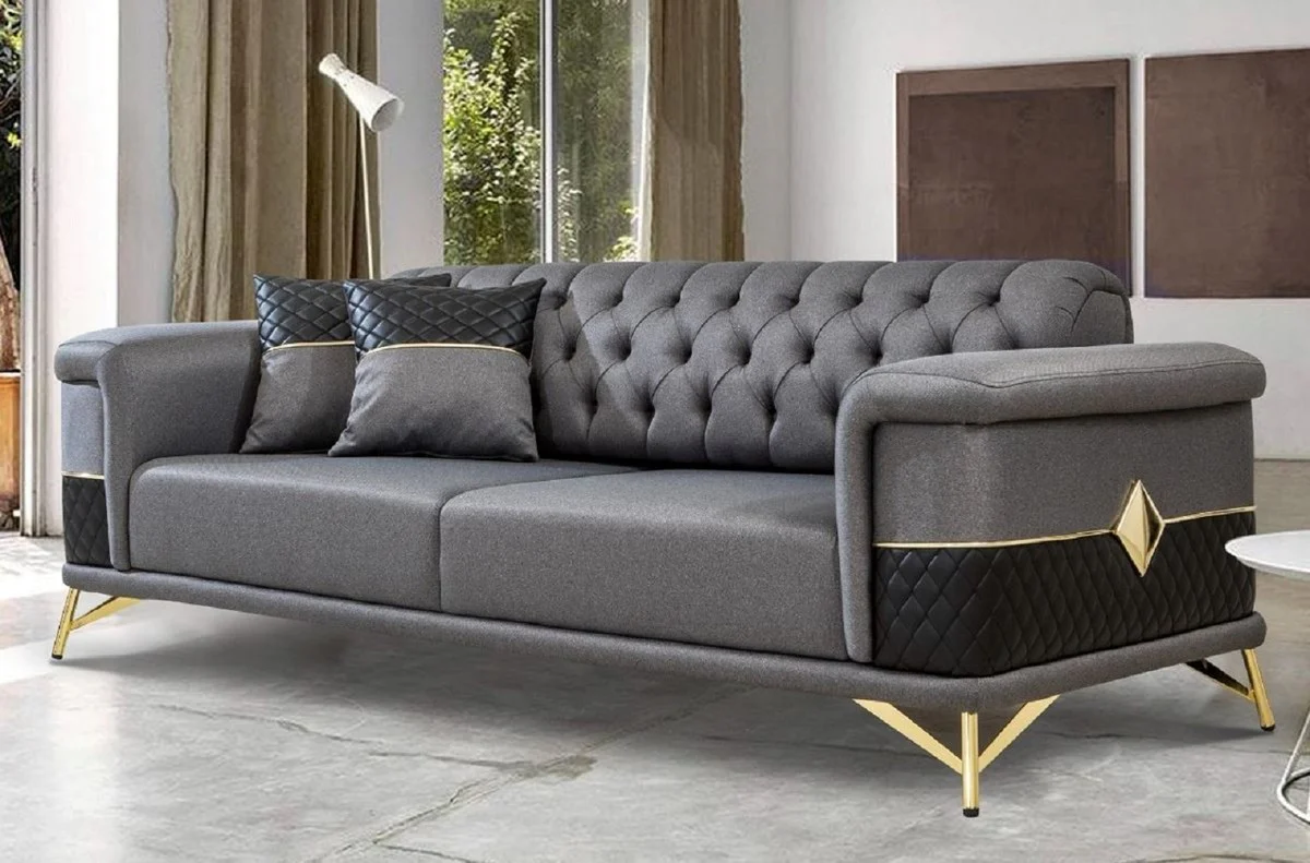 Luxus Schlafsofa Grau / Schwarz / Gold 220 x 90 x H. 80 cm - Modernes Wohnzimmer Sofa - Wohnzimmer Möbel
