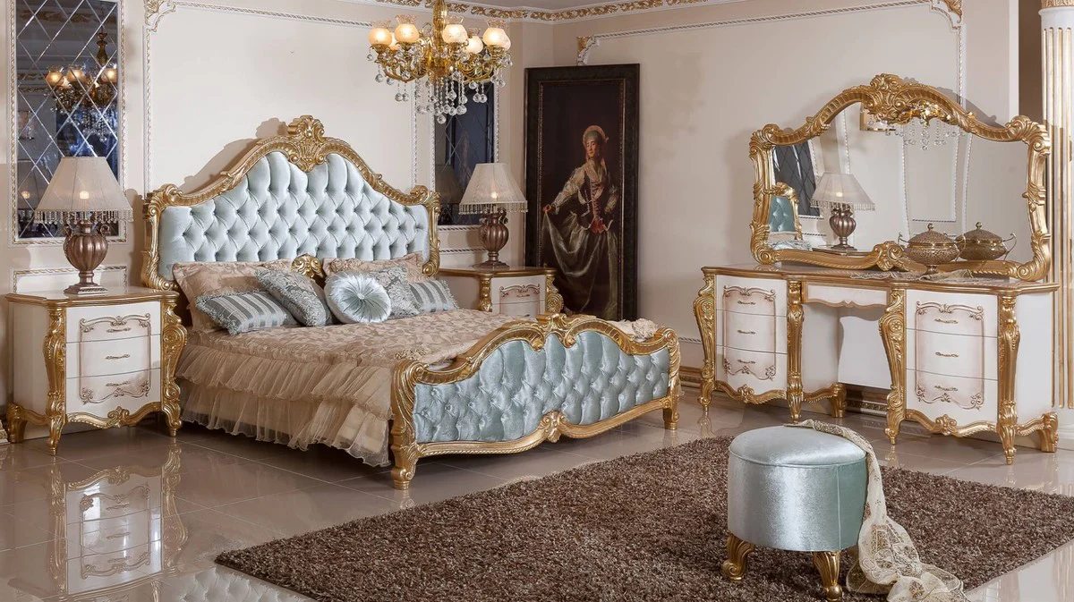 Luxus Barock Schlafzimmer Set Türkis / Weiß / Braun / Gold - 1 Doppelbett mit Kopfteil & 2 Nachtkommoden - Barock Schlafzimmer Möbel - Luxus Möbel im Barockstil - Edel & Prunkvoll