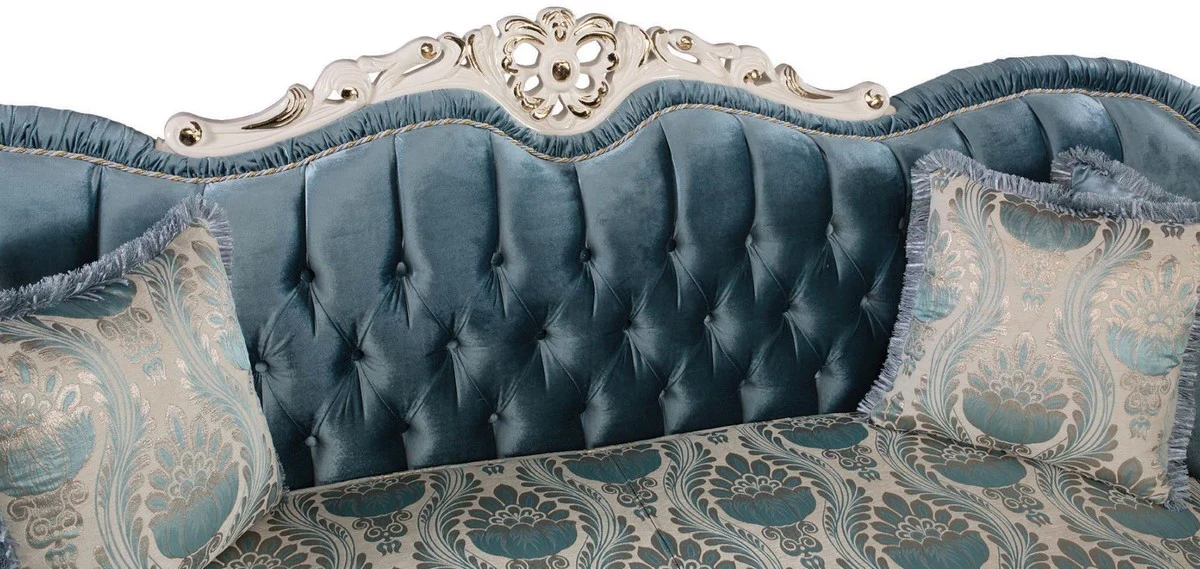 Luxus Barock Wohnzimmer Sofa mit Kissen Blau / Weiß / Gold 240 x 87 x H. 99 cm - Barock Möbel - Edel & Prunkvoll