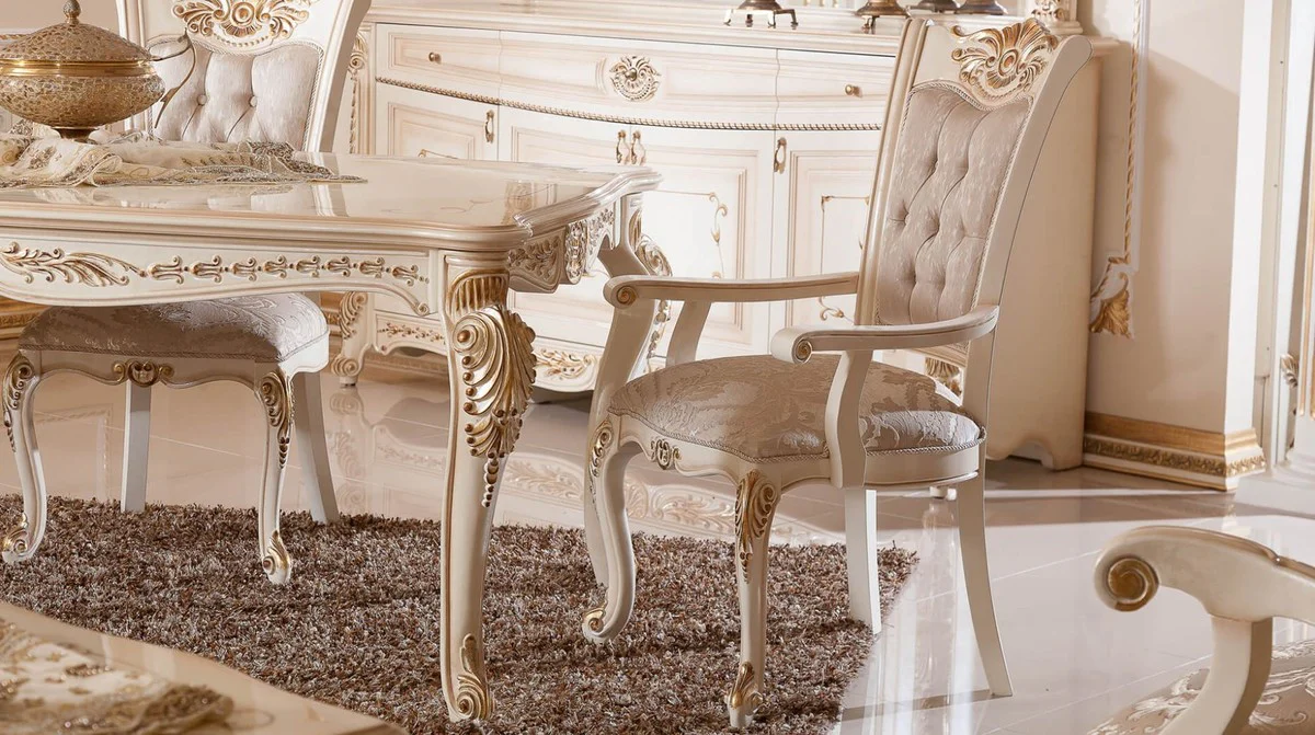 Luxus Barock Esstisch Weiß / Beige / Gold - Rechteckiger Barockstil Küchentisch - Luxus Esszimmer Möbel im Barockstil - Barock Esszimmer Möbel - Barock Einrichtung