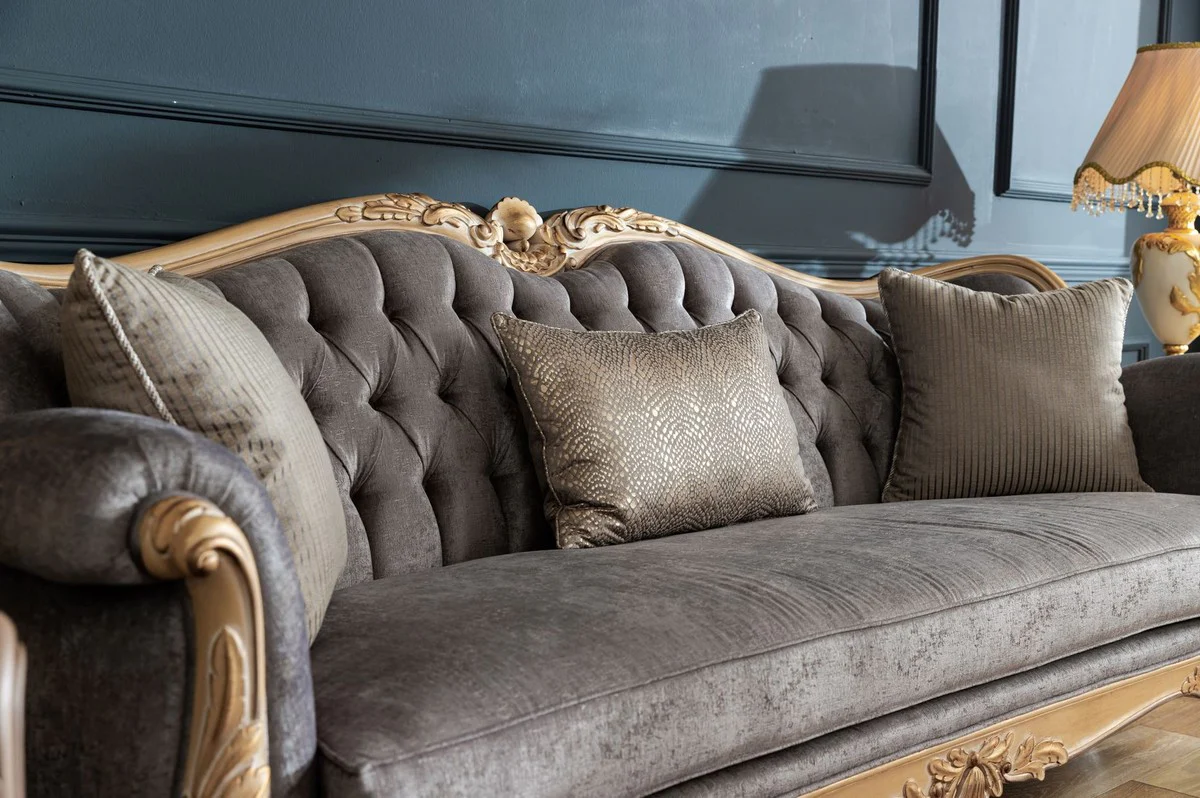 Luxus Barock Sofa Grau / Naturfarben - Handgefertigtes Wohnzimmer Sofa im Barockstil - Barock Wohnzimmer Möbel