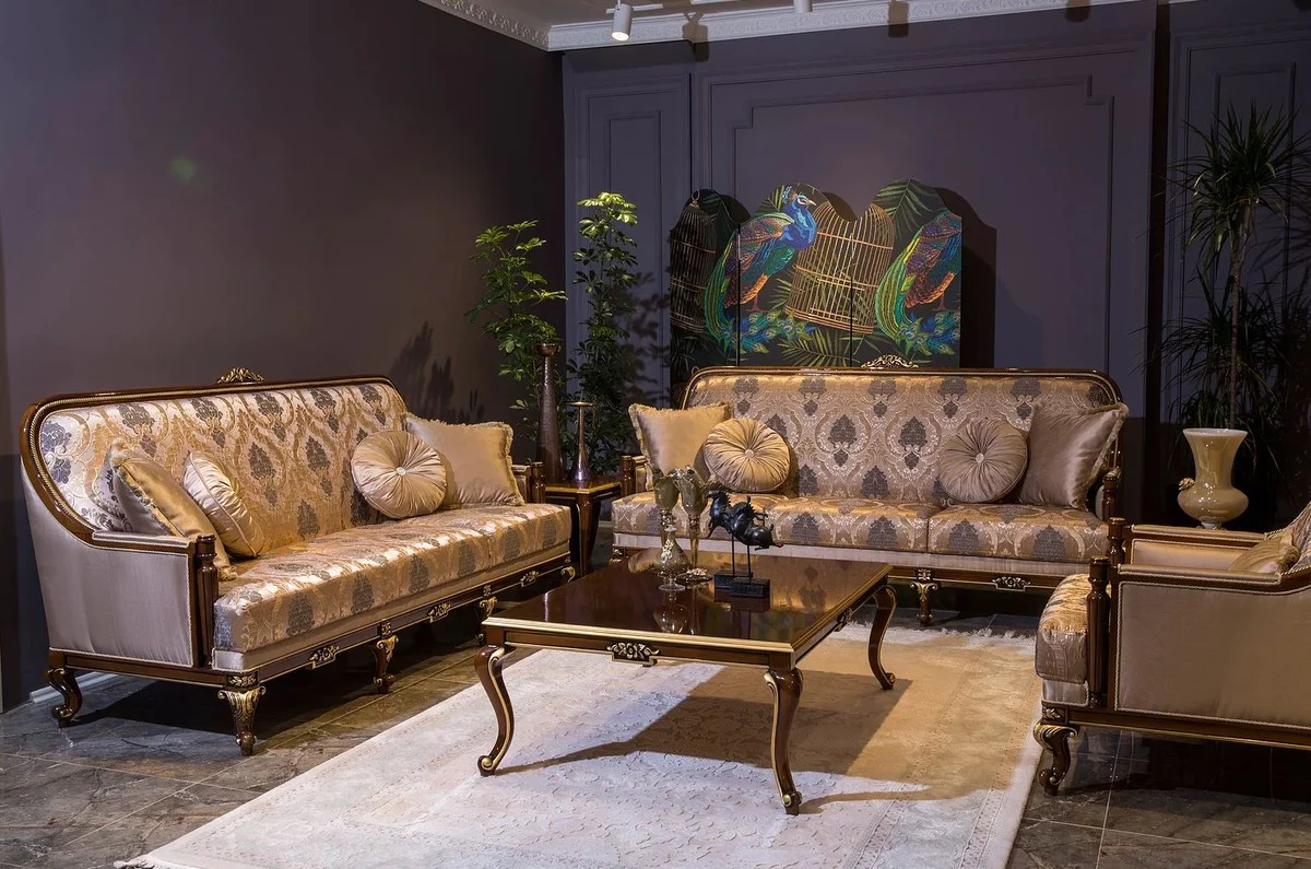 Luxus Barock Couchtisch Braun / Gold 129 x 94 x H. 46 cm - Eleganter Massivholz Wohnzimmertisch - Barock Wohnzimmer Möbel