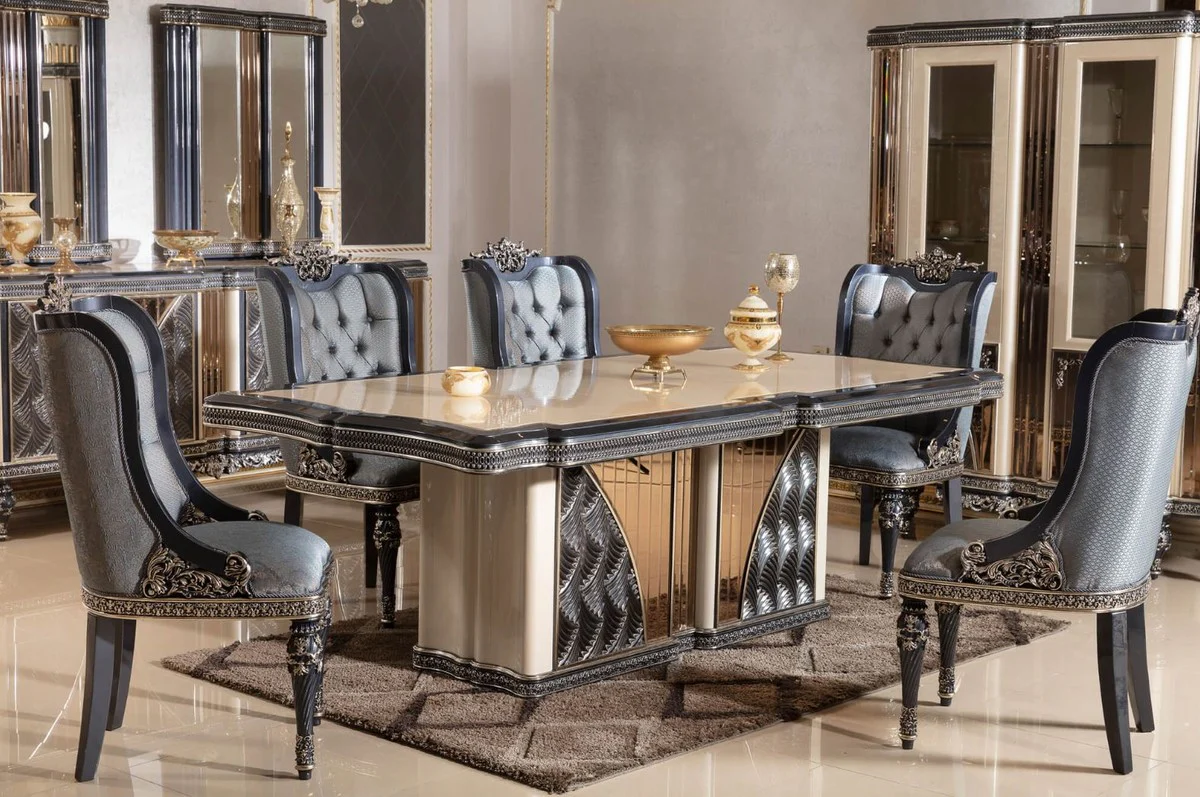 Luxus Barock Esszimmerstuhl 6er Set Hellblau / Schwarz / Gold - Barockstil Küchenstühle mit Muster - Luxus Esszimmer Möbel im Barockstil - Barock Esszimmer Möbel - Barock Einrichtung