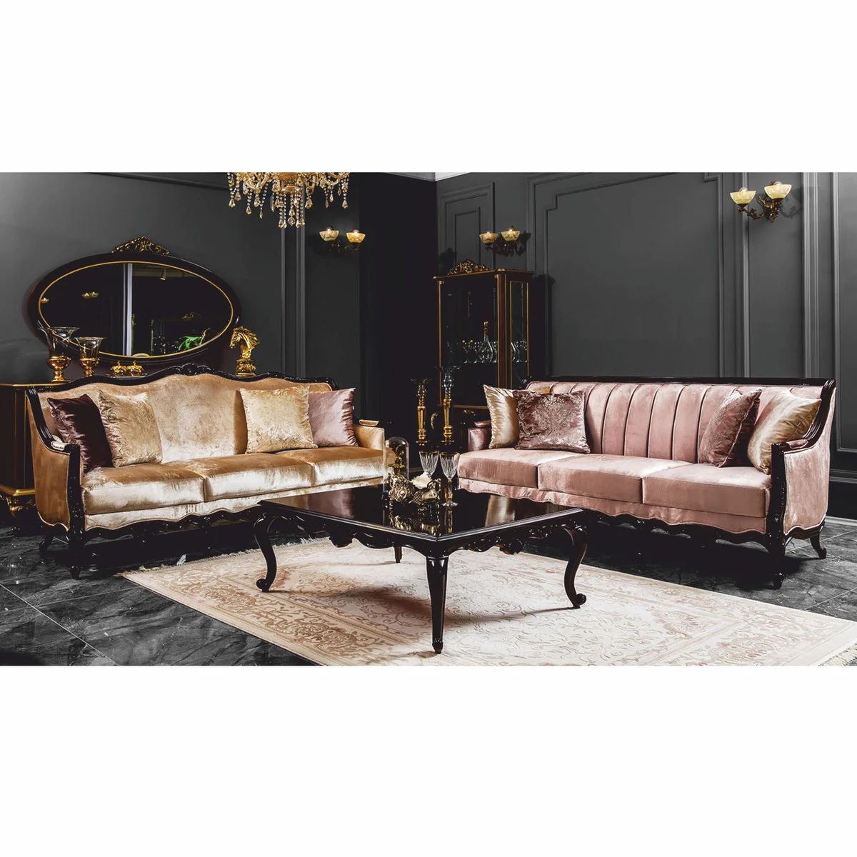 Luxus Barock Sofa Gold / Dunkelbraun 225 cm - Barock Möbel