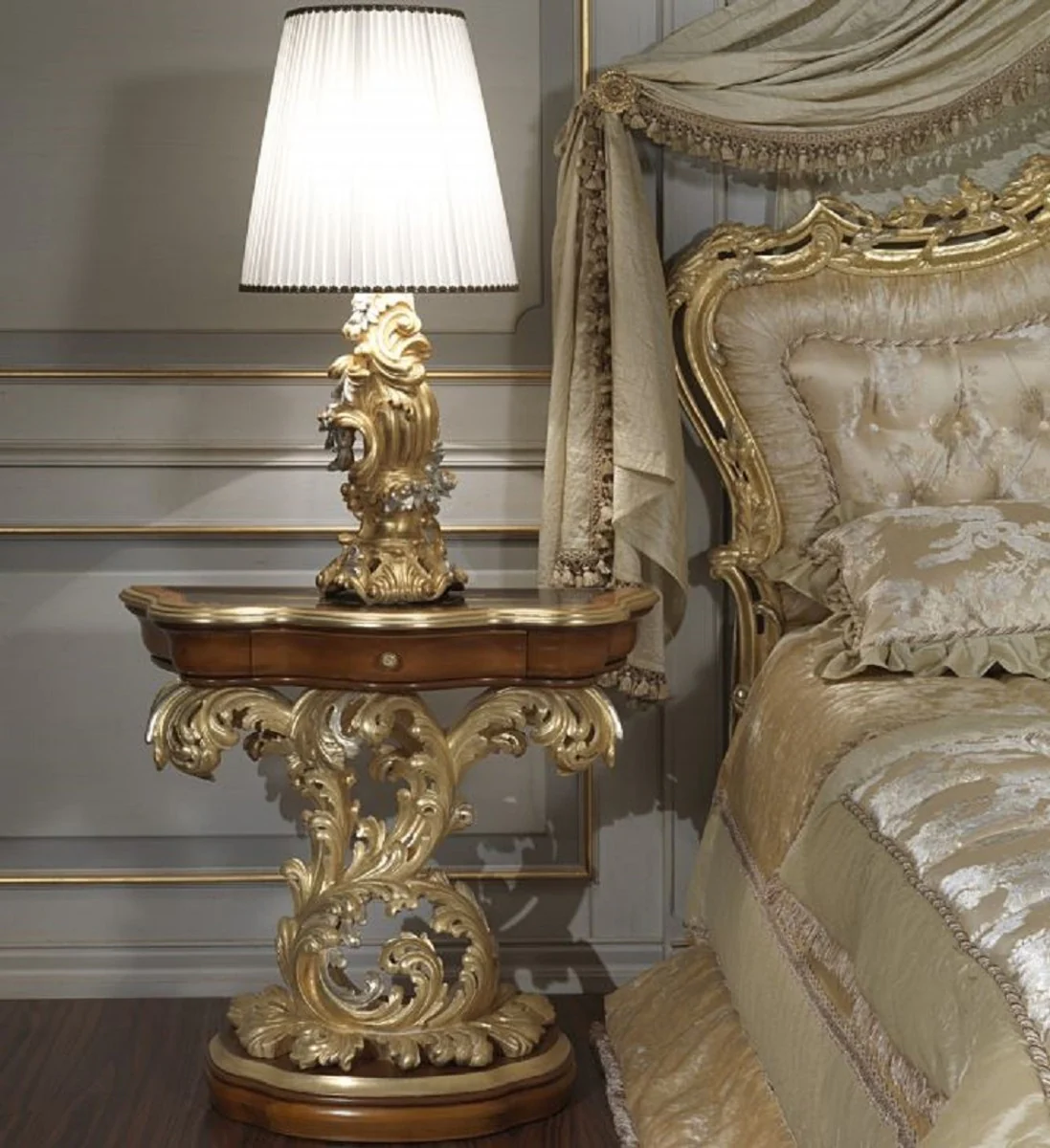 Luxus Barock Schlafzimmer Set - 1 Doppelbett mit Kopfteil & 1 Baldachin & 2 Nachttische & 1 Sitzbank - Barock Schlafzimmer Möbel - Barock Hotel Möbel - Edel & Prunkvoll