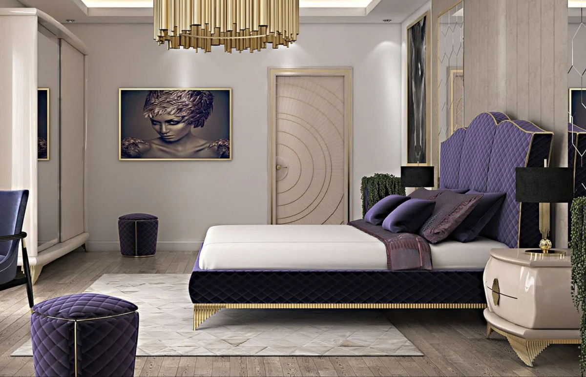 Luxus Art Deco Nachtkommode Creme / Gold 75 x 50 x H. 55 cm - Eleganter Massivholz Nachttisch mit 2 Schubladen - Art Deco Schlafzimmer & Hotel Möbel - Luxus Kollektion