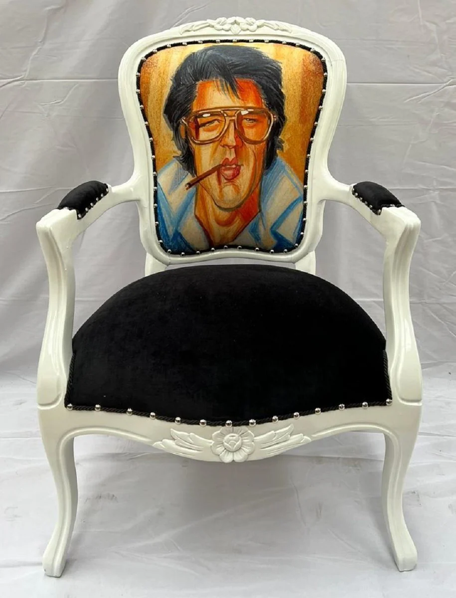 Luxus Barock Salon Stuhl Schwarz / Mehrfarbig / Weiß Elvis - Handgefertigter Barockstil Stuhl - Luxus Möbel im Barockstil - Barock Möbel - Edel & Prunkvoll