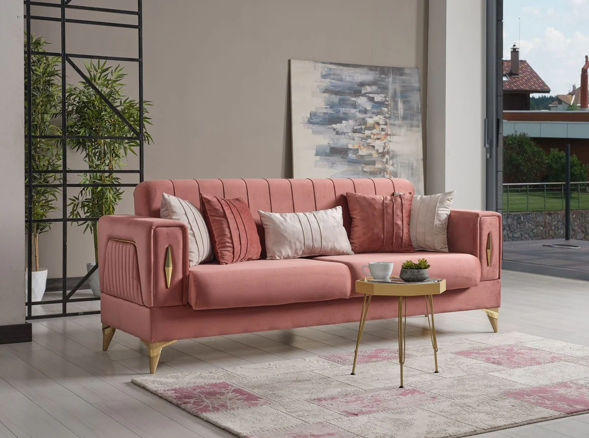 Luxus Schlafsofa Rosa / Gold 222 x 93 x H. 87 cm - Wohnzimmer Sofa mit 5 Kissen - Luxus Wohnzimmer Möbel