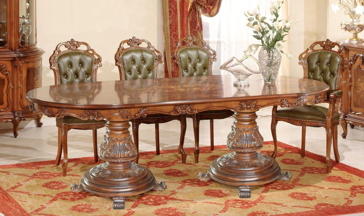 Luxus Barock Esszimmer Set Grün / Braun - 1 Ovaler Barock Esstisch & 8 Barock Esszimmerstühle - Luxus Esszimmer Möbel im Barockstil - Barock Möbel - Luxus Qualität - Made in Italy