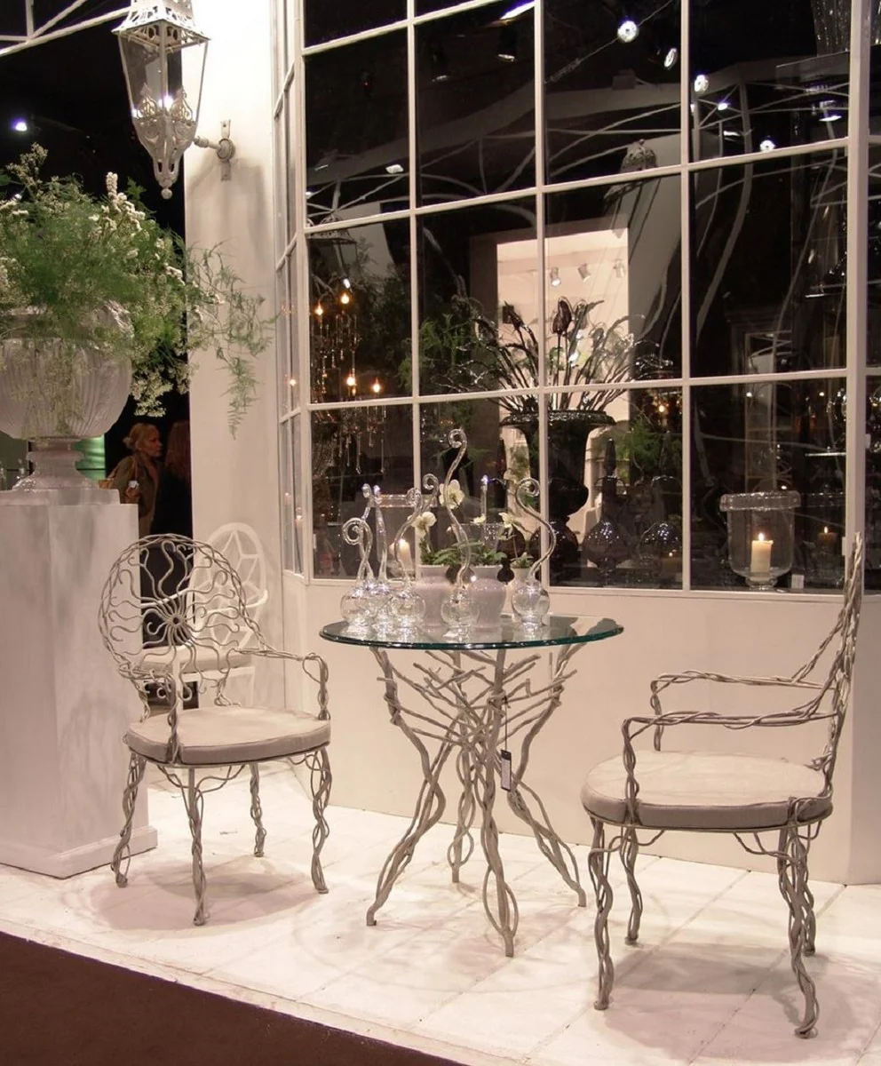 Luxus Jugendstil Tisch Grau Ø 60 x H. 75 cm - Handgeschmiedeter Schmiedeeisen Gartentisch mit Glasplatte - Luxus Jugendstil Garten & Esszimmer Möbel