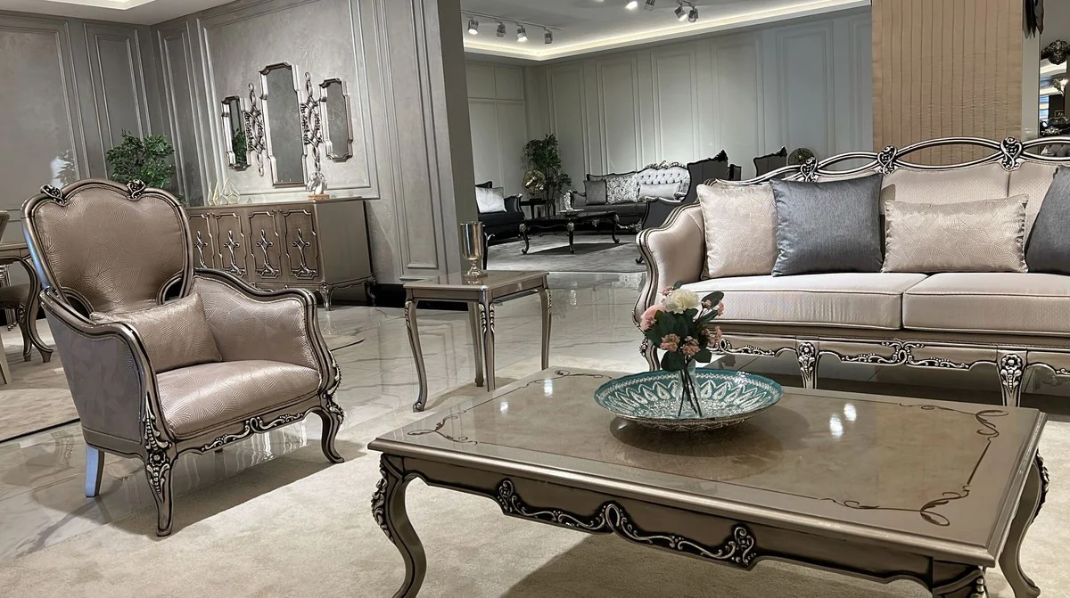 Luxus Barock Beistelltisch Silber - Quadratischer Massivholz Tisch im Barockstil - Luxus Wohnzimmer Möbel im Barockstil - Barock Möbel - Edel & Prunkvoll