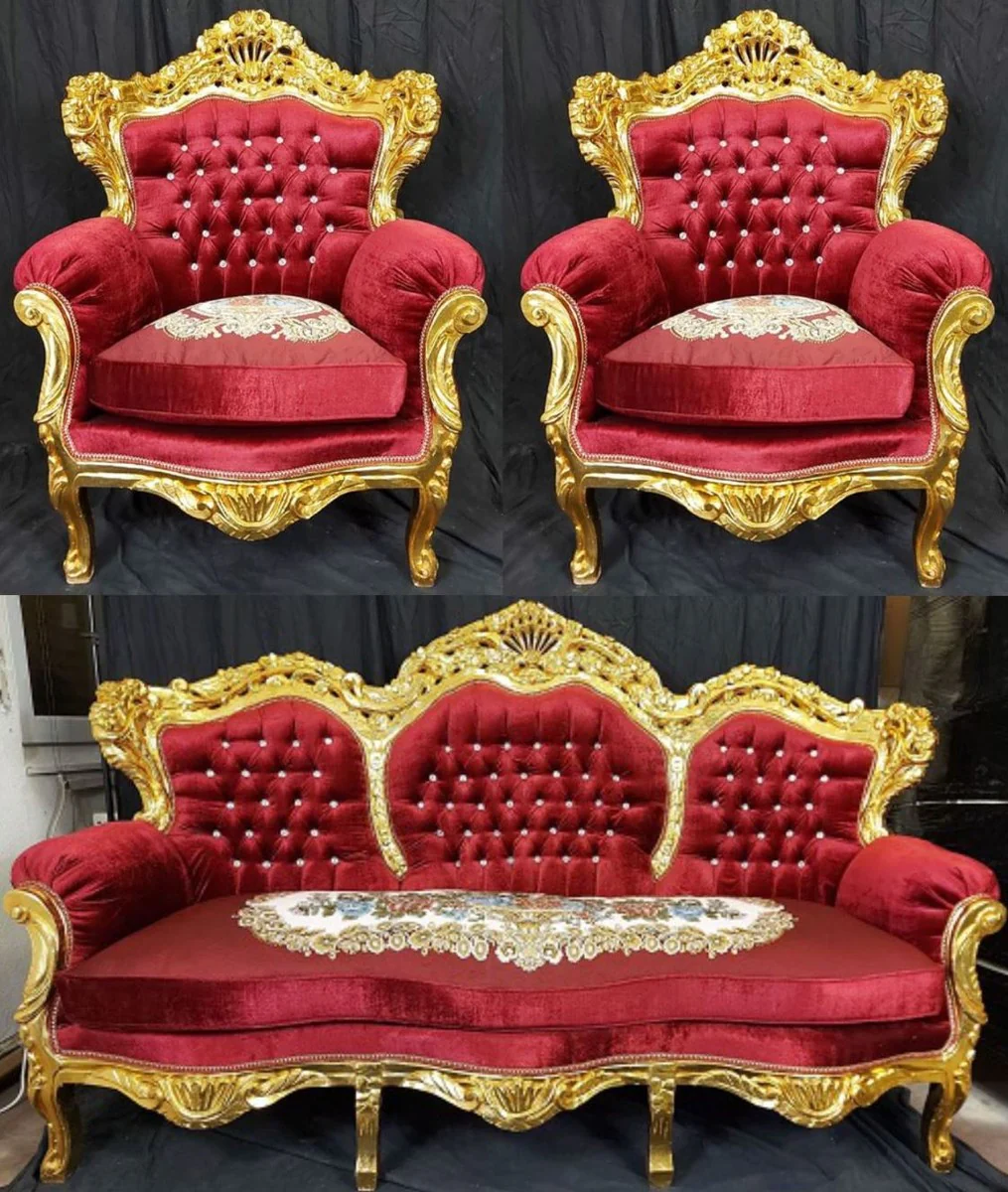 Barock Wohnzimmer Set Bordeauxrot / Mehrfarbig / Gold - 1 Barock Sofa & 2 Barock Sessel - Wohnzimmer Möbel im Barockstil - Barock Möbel - Barock Wohnzimmer Einrichtung