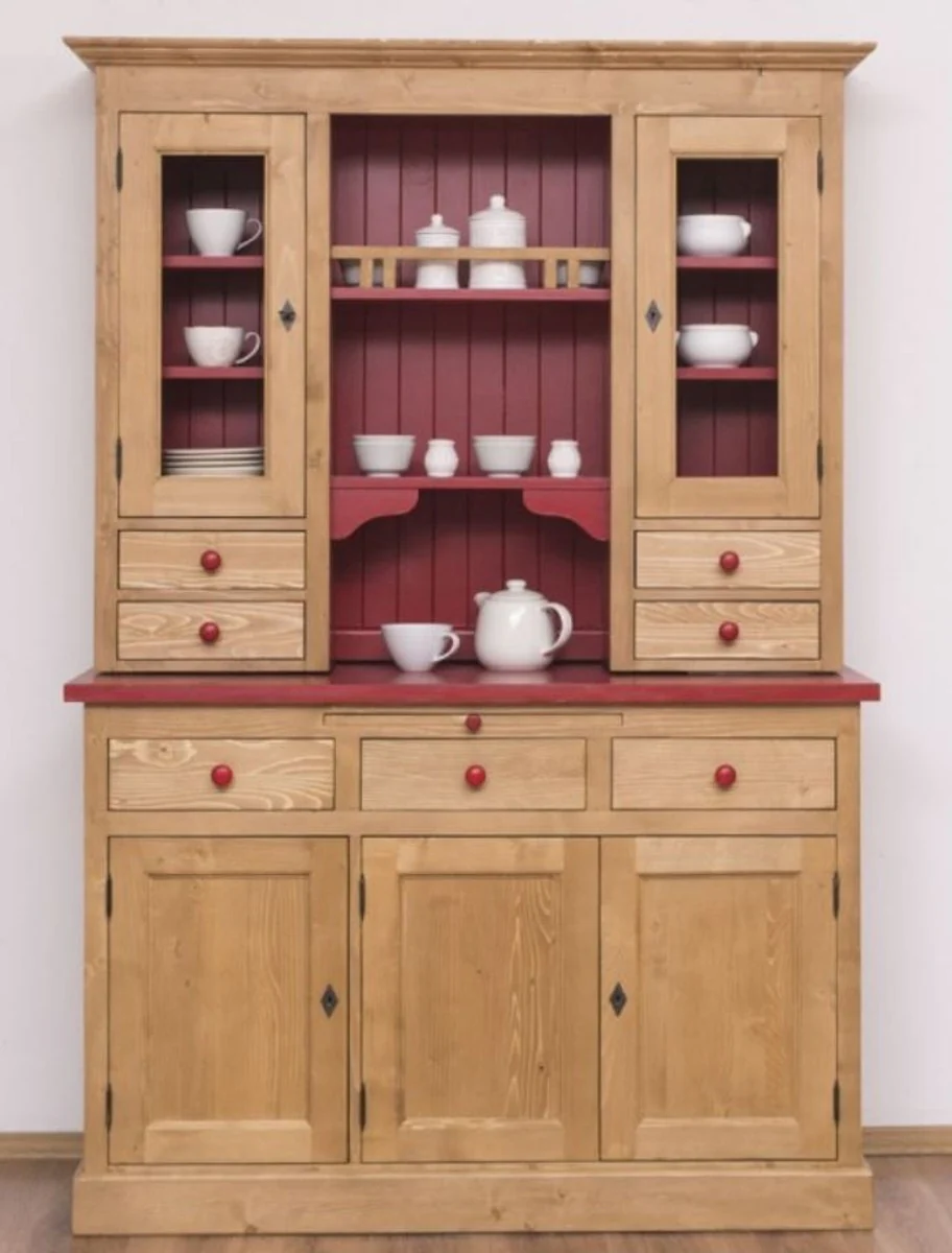 Landhausstil Küchenschrank Naturfarben / Bordeauxrot 137 x 50 x H. 197 cm - 2 Teiliger Küchenschrank mit 5 Türen und 7 Schubladen - Landhausstil Küchenmöbel