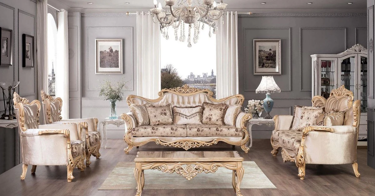 Luxus Barock Wohnzimmer Set Beige / Braun / Naturfarben - 2 Barock Sofas mit Blumenmuster & 2 Barock Sessel mit Blumenmuster & 1 Barock Couchtisch - Barock Wohnzimmer Möbel