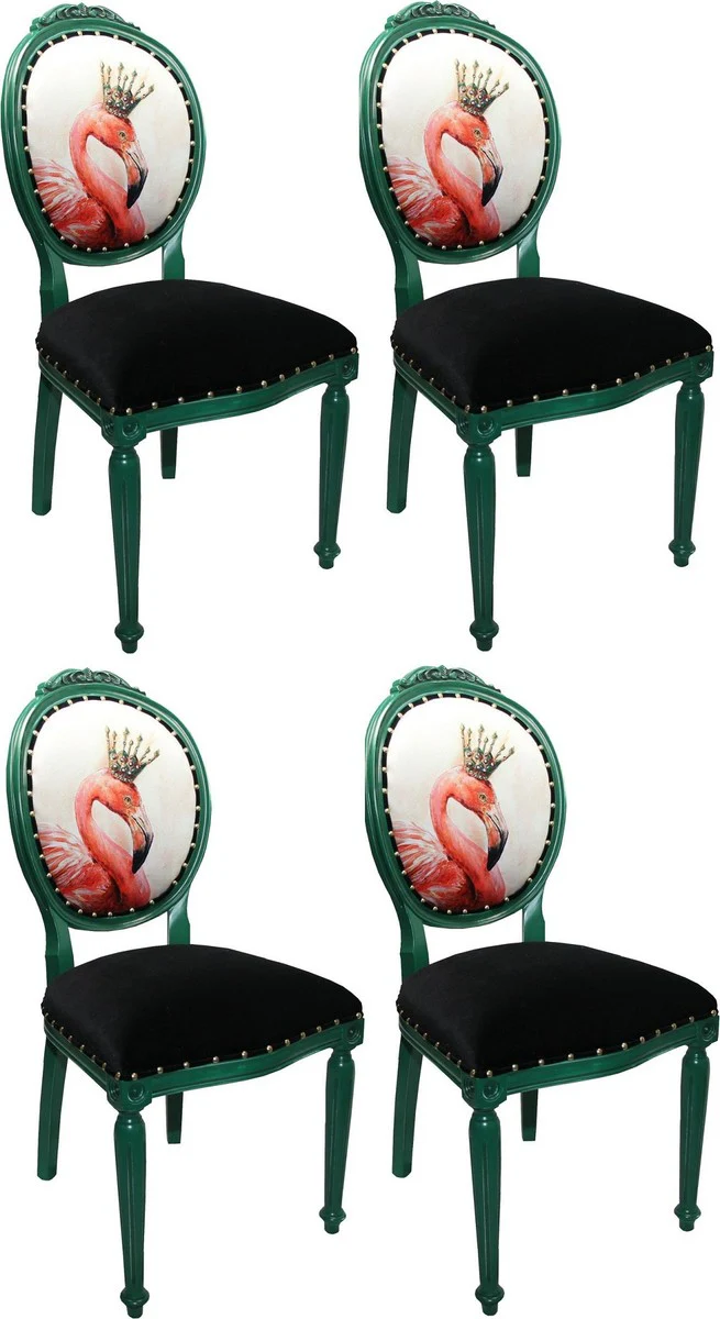 Luxus Barock Esszimmer Set Flamingo mit Krone Grün / Schwarz / Mehrfarbig 48 x 50 x H. 98 cm - 4 handgefertigte Esszimmerstühle mit Bling Bling Glitzersteinen - Barock Esszimmermöbel