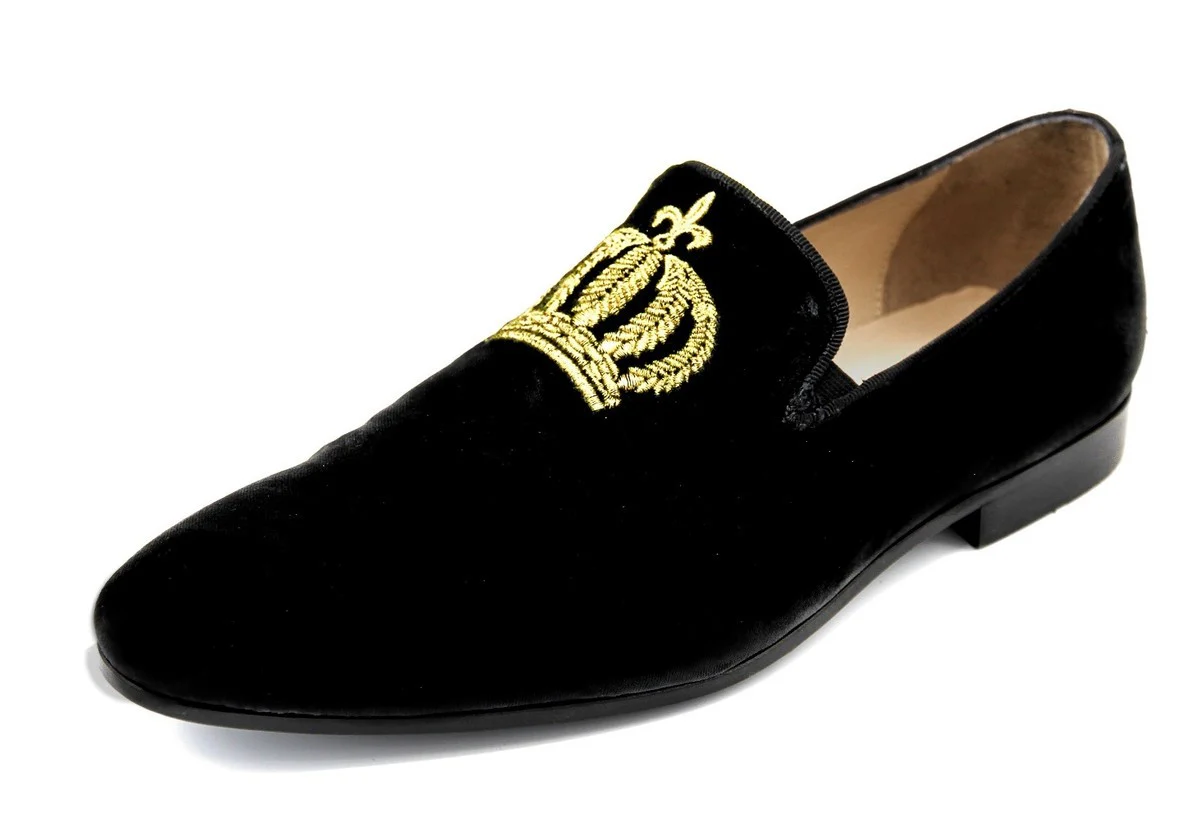 Pompöös by Luxus Samt Slipper Krone Schwarz / Gold - Verschiedene Schuhgrößen - designed by Harald Glööckler