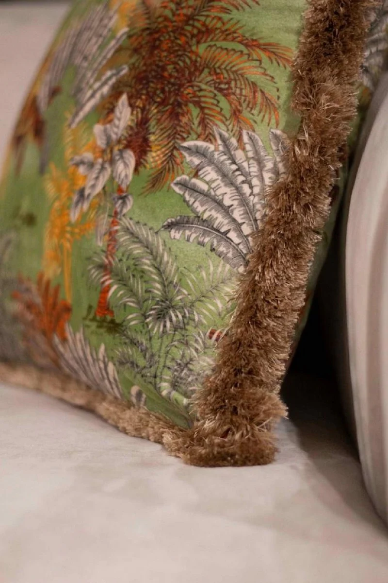 Luxus Deko Kissen Dschungel Design Grün / Mehrfarbig / Braun 45 x 45 cm - Bedrucktes Samt Kissen mit Fransen - Deko Accessoires