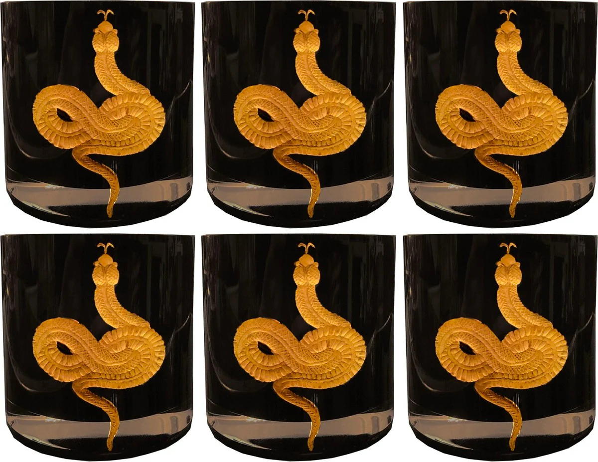 Luxus Whisky Glas 6er Set Schlange Schwarz / Gold Ø 8 x H. 9 cm - Handgefertigte und handgravierte Whiskygläser- 24K Vergoldung - Luxus Qualität