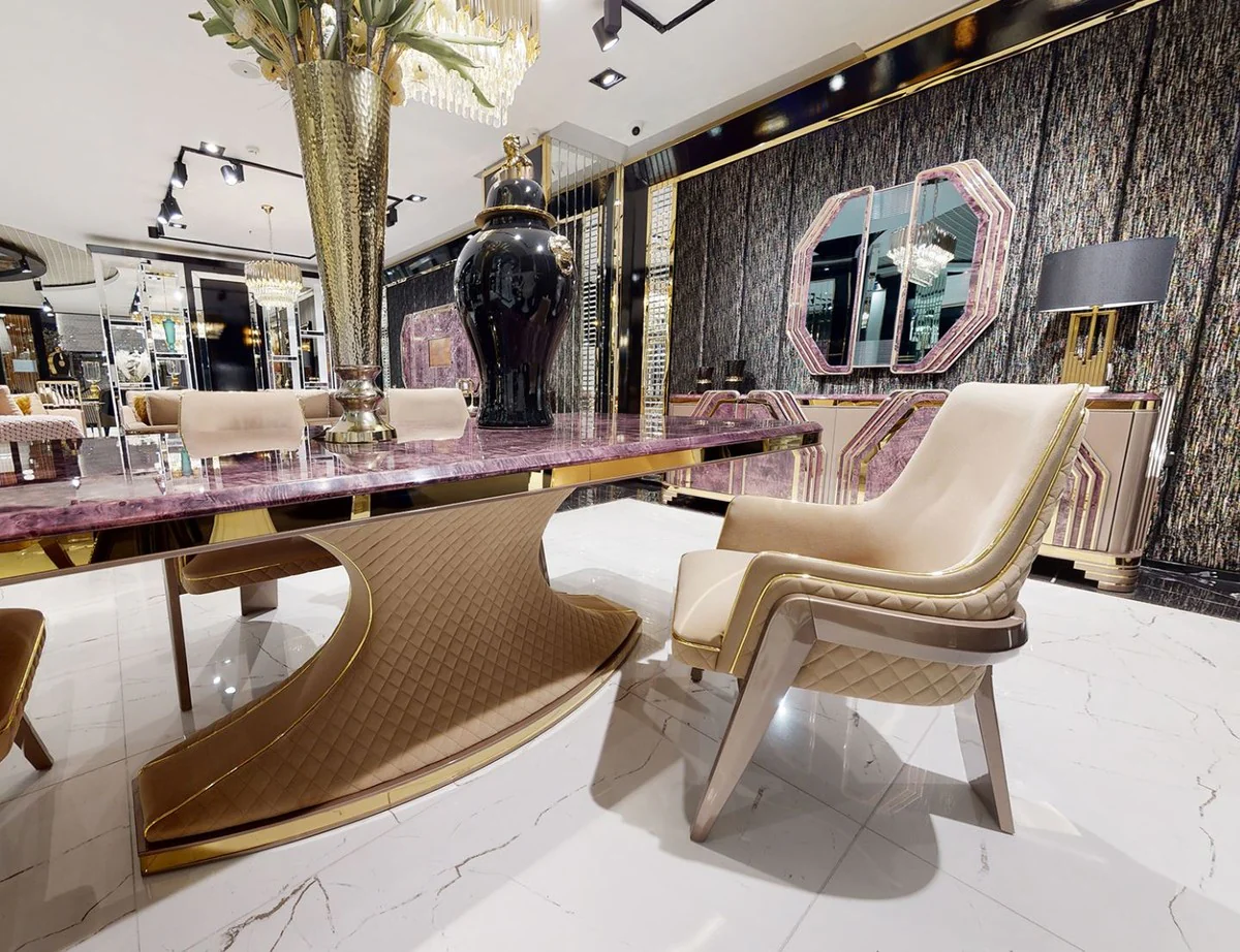 Luxus Art Deco Wandspiegel Lila / Gold - Massivholz Spiegel mit Marmoroptik - Luxus Art Deco Wohnzimmer & Hotel Möbel