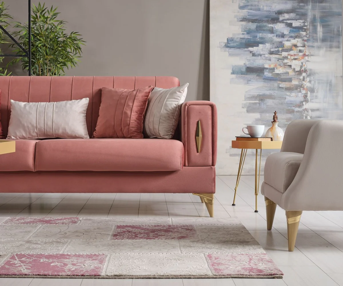 Luxus Schlafsofa Rosa / Gold 222 x 93 x H. 87 cm - Wohnzimmer Sofa mit 5 Kissen - Luxus Wohnzimmer Möbel