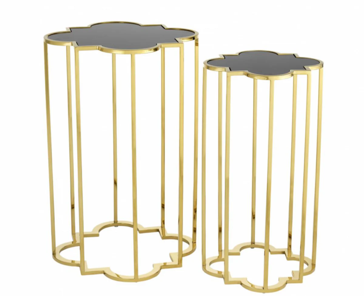 Luxus Art Deco Designer Beistelltische 2er Set Gold mit schwarzem Glas - Designer Beistelltisch Möbel