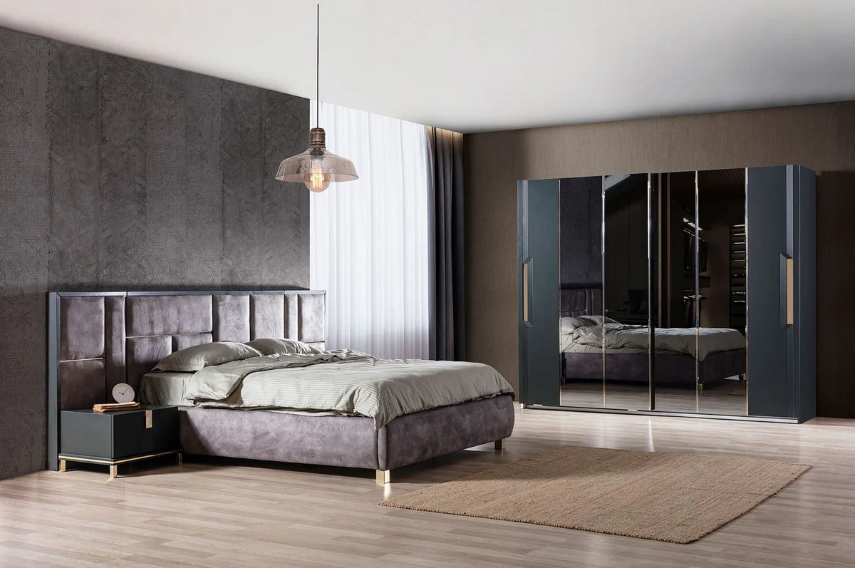 Luxus Schlafzimmerschrank Schwarz / Gold 260 x 70 x H. 220 cm - Verspiegelter Massivholz Kleiderschrank mit 2 Schiebetüren - Luxus Schlafzimmer Möbel