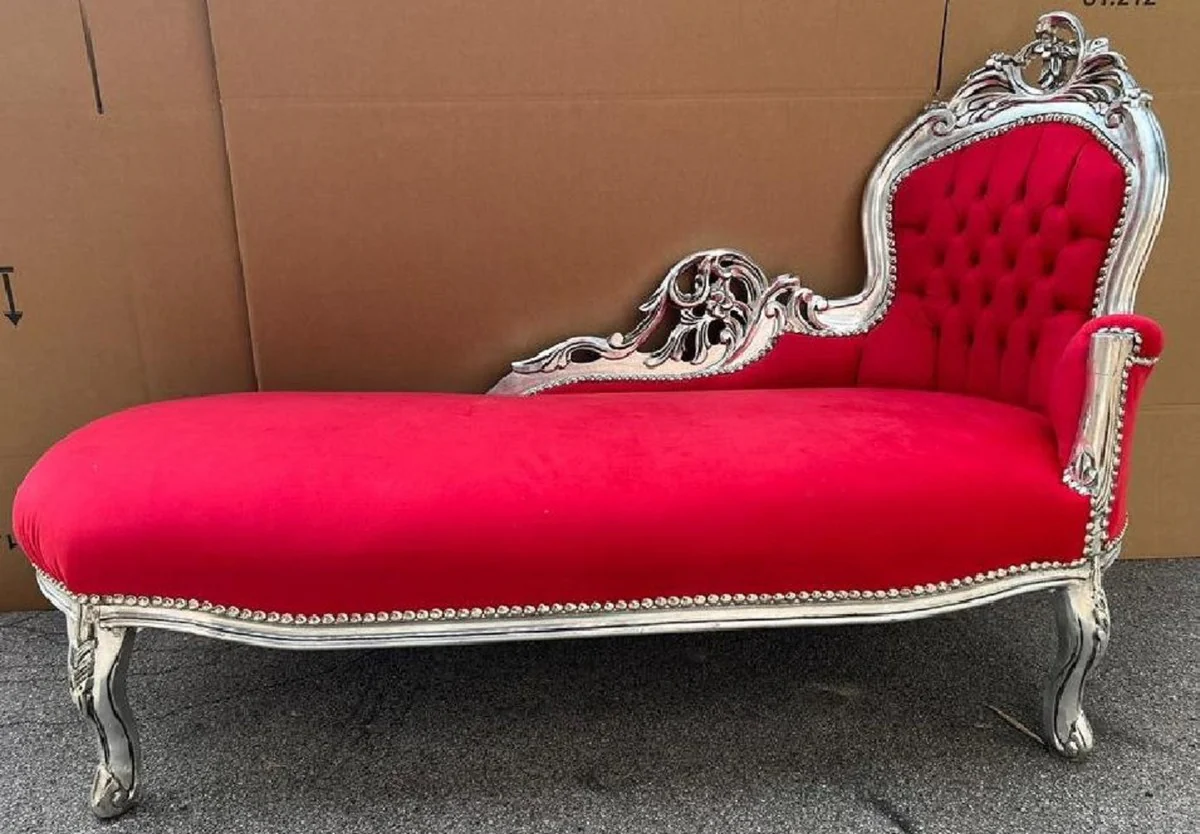Barock Chaiselongue Rechte Seite Rot / Silber - Handgefertigte Massivholz Recamiere - Barock Wohnzimmer Möbel - Edel & Prunkvoll